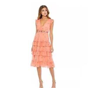 Mac Duggal 70115 Apricot Coral Orange Floral Print Ruffle Tiered Midi Dress 9081